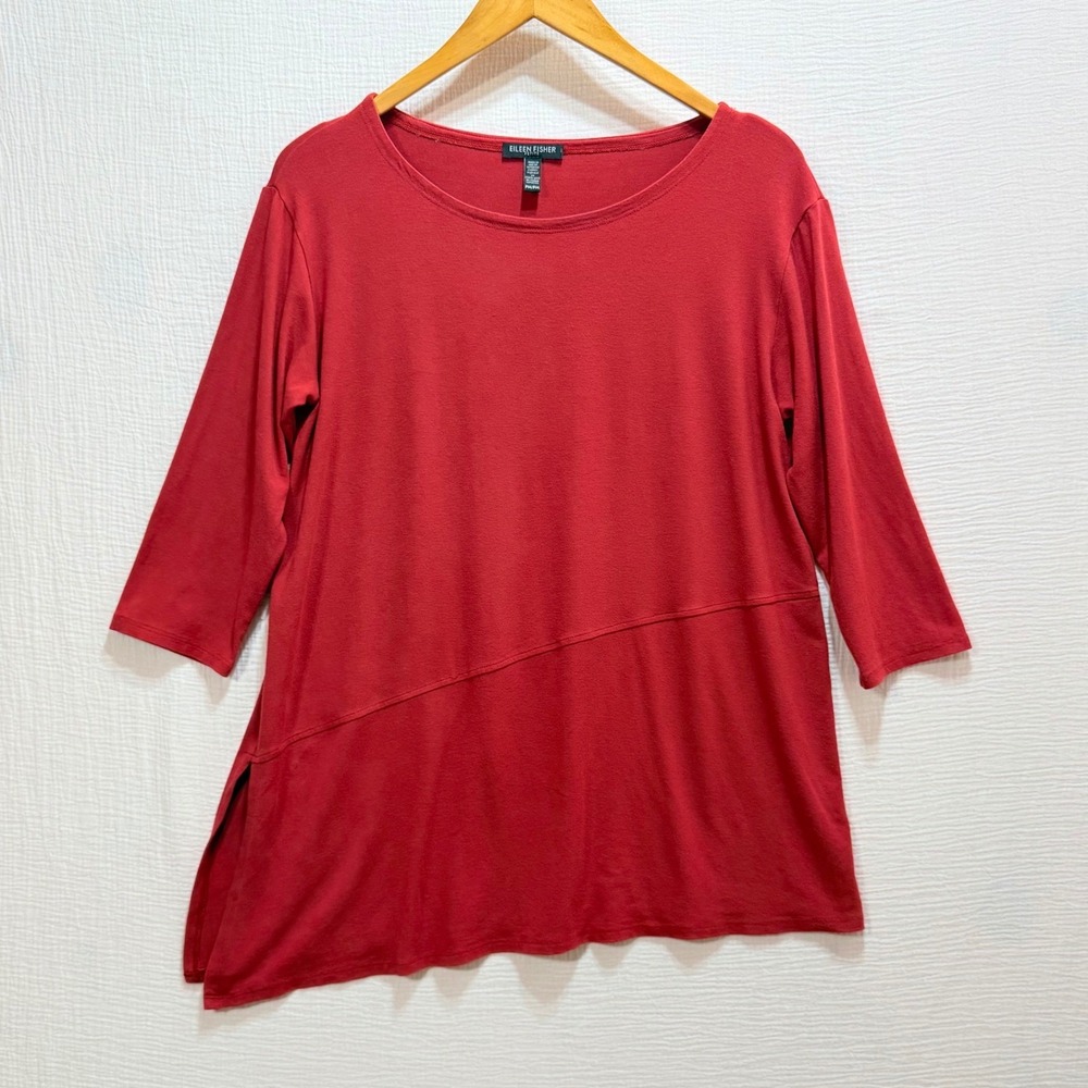 Eileen Fisher Tunic Top Womens PM Red Asymmetric Scoop Neck 3/4 Sleeve Modest